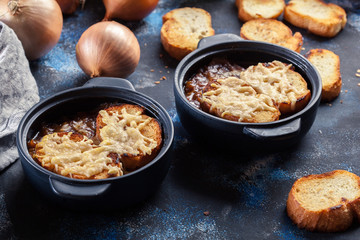 Delicious onion soup with croutons and cheese
