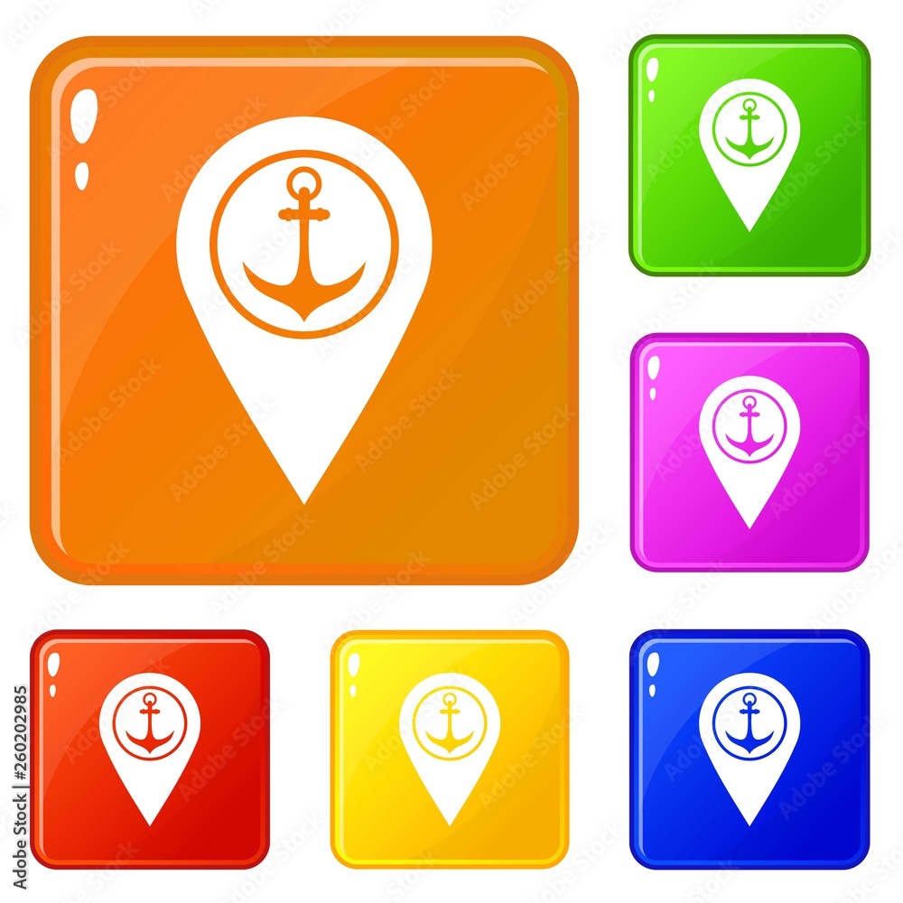 Poster map pointer with symbol anchor and sea port icons set collection vector 6 color isolated on white ba