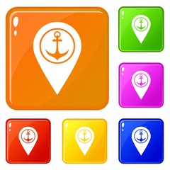 Map pointer with symbol anchor and sea port icons set collection vector 6 color isolated on white background
