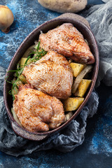 Chicken thighs and potatoes ready for baking