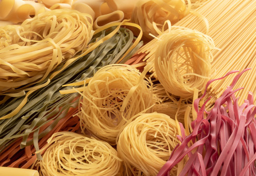  different types, colour of pasta and geometric shape on  top view