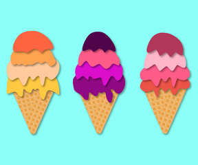 Set of Ice cream cones. 3d vector. Paper cut style. Summer dessert