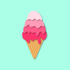 Ice cream cone isolated icone. 3d vector. Paper cut style. Summer dessert