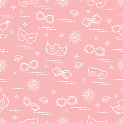 Seamless pattern of different carnival decorations: masks, christmas hats, glasses, bow tie.