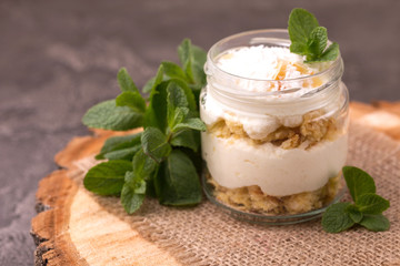 Coconut bisquit dessert with ricotta, mint. Yogurt breakfast