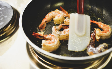 Fried shrimp in the pan, Prawns cooking on the frying pan