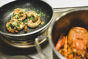 Fried shrimp in the pan, Prawns cooking on the frying pan