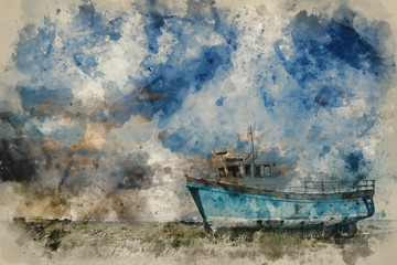 Watercolour painting of Abandoned fishing boat on beach landscape at sunset