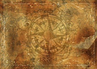 Fototapeta na wymiar Blank banner with nautical victorian compass, copy space on grunge texture background