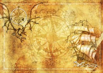 Marine blank banner with copy space, fantasy dragon, old sailboat on texture background - obrazy, fototapety, plakaty