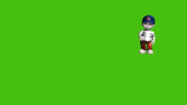 3D animation of small cartoon boy, walking towards camera, talking and sitting, set against a green screen background