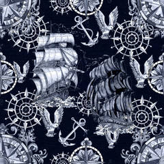 Seamless pattern with old sailing vessel, anchor, gull and nautical compass on blue