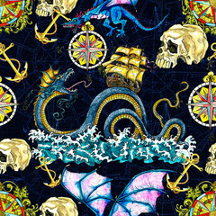 Seamless pattern with sea dragon, old sailboat, skull, decorated compass and anchor
