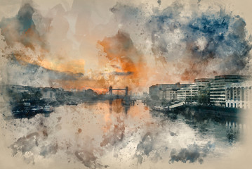 Obraz na płótnie Canvas Watercolour painting of Beautiful Autumn Fall dawn sunrise over River Thames and Tower Bridge in London