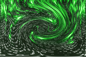 Green matrix digital background. Distorted cyberspace concept. Characters fall down in wormhole. Hacked matrix. Virtual reality design. Complex algorithm data hacking. Green digital sparks.