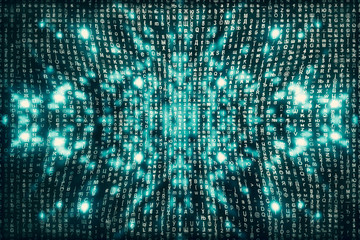 Blue matrix digital background. Abstract cyberspace concept. Characters fall down. Matrix from symbols stream. Virtual reality design. Complex algorithm data hacking. Cyan digital sparks.