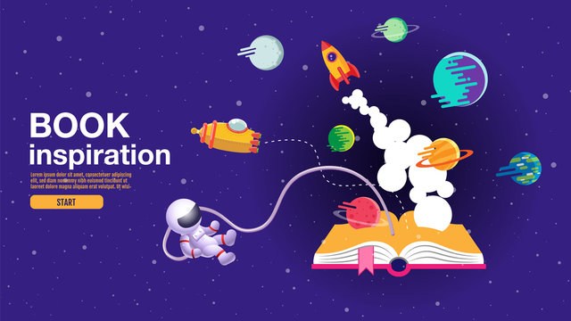 open book, space background, school, reading and learning , Imagination and inspiration picture. Fantasy and creative ,Vector flat illustration.
