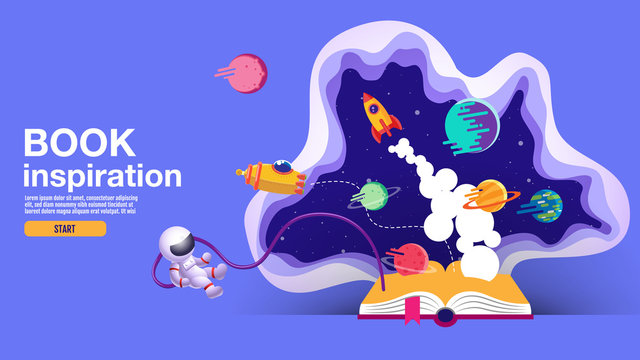 open book, space background, school, reading and learning , Imagination and inspiration picture. Fantasy and creative ,Vector flat illustration.