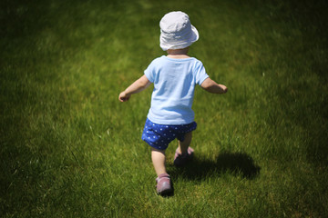 A child on the green lawn