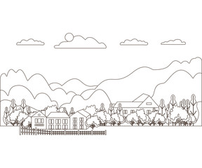 Thin line outline landscape rural farm. Panorama outdoor design village modern with mountain, hill, tree, sky, cloud and sun. Line art style abstract background, linear vector illustration