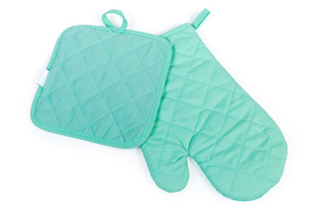 Set of oven glove and pot-holder on white background