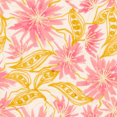 pink flowers with light brown leaves drawn on a light pink color