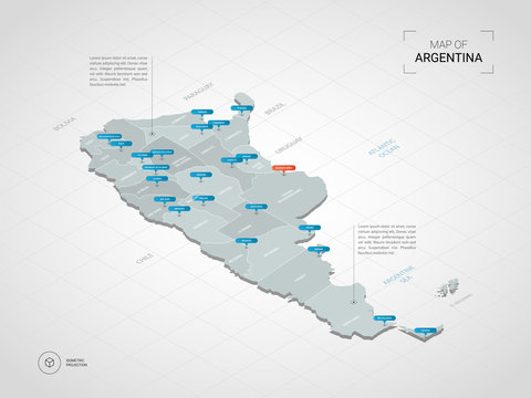 Isometric  3D Argentina map. Stylized vector map illustration with cities, borders, capital, administrative divisions and pointer marks; gradient background with grid. 