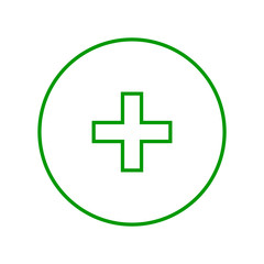 Round green plus sign thin line icon, button, add, positive symbol on white background