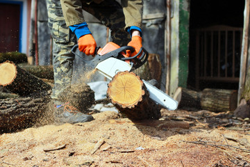electric saw in the hands of a man and log