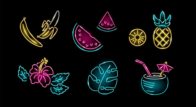 Set of neon summer icons or logos isolated on black background: banana, watermelon, pineapple, hibiscus, monstera, coconut milk. Exotic, tropical, nature concept. Vector 10 EPS illustration.