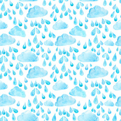 Hand painted watercolor rain drops and clouds seamless pattern isolated on white 