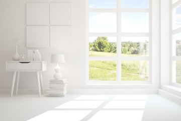 White stylish empty room with summer landscape in window. Scandinavian interior design. 3D illustration