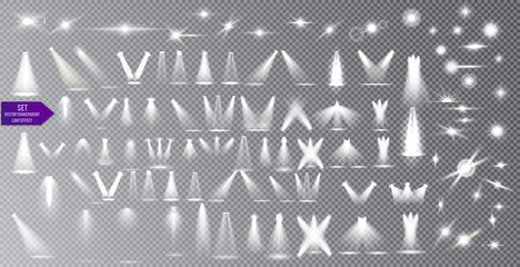 Light sources collection, concert lighting, stage beam spotlights lens flare effect and Bright Star. Light effects on transparent background.