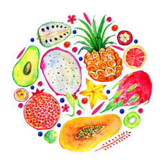 Composition in circle with exotic fruits. Citrus, avocado, pitahaya, carambola, annona, pineapple, pomegranate, papaya. Hand drawn watercolor illustration