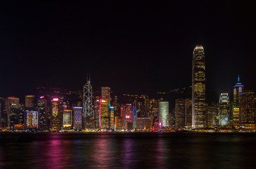 Beautiful scenic night view of victoria habour and building on hong kong island. Landmark of hong kong.