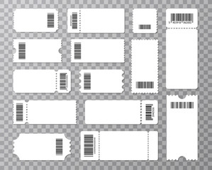 Big set of ticket templates. Concert ticket, coupon with bar code. Vector illustration.