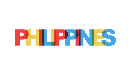 Philippines, phrase overlap color no transparency. Concept of simple text for typography poster, sticker design, apparel print, greeting card or postcard. Graphic slogan isolated on white background.
