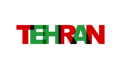 Tehran, phrase overlap color no transparency. Concept of simple text for typography poster, sticker design, apparel print, greeting card or postcard. Graphic slogan isolated on white background.