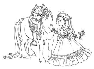 Beautiful princess stroking a horse outlined picture for coloring book on white background