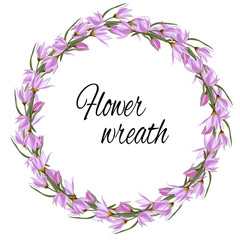 Spring floral wreath of gentle pink flowers for decoration, cards, greetings. Vector illustration of pink crocuses.