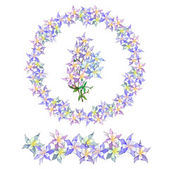 Spring set of floral patterns, ornaments and vector wreaths of delicate violet flowers to decorate cards, design greetings