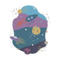Vector illustration with rocket, comet,stars and planets.Spaceflight, space exploration. Concept for poster, banner, greeting card, etc.Colorful simple flat style,on white background.