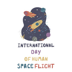 International day of human space flight,12 april.Vector illustration with rocket, comet,stars and planets. Concept for poster, banner, greeting card, etc.Colorful simple flat style.