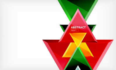Triangles repetiton geometric abstract background, multicolored glossy triangular shapes, hi-tech poster cover design or web presentation template with copy space