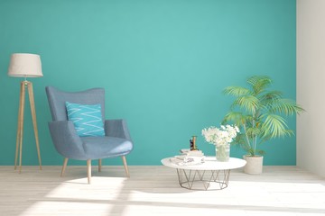 Blue cozy minimalist room with armchair. Scandinavian interior design. 3D illustration