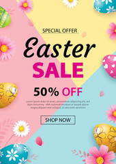 Easter sale banner design template with colorful eggs and flowers. Use for advertising, flyers, posters, brochure, voucher discount.