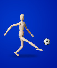 Football wooden toy figure on blue