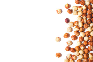 White background with hazelnuts without shell