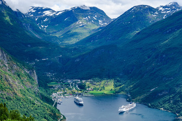 Beautiful view of the Geiranger fjord and village in Norway