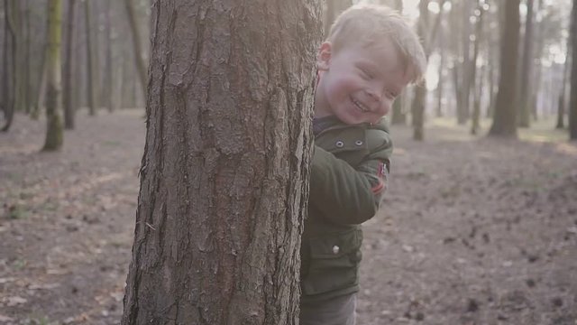 Small boy running in the forest, laughing and playing hd